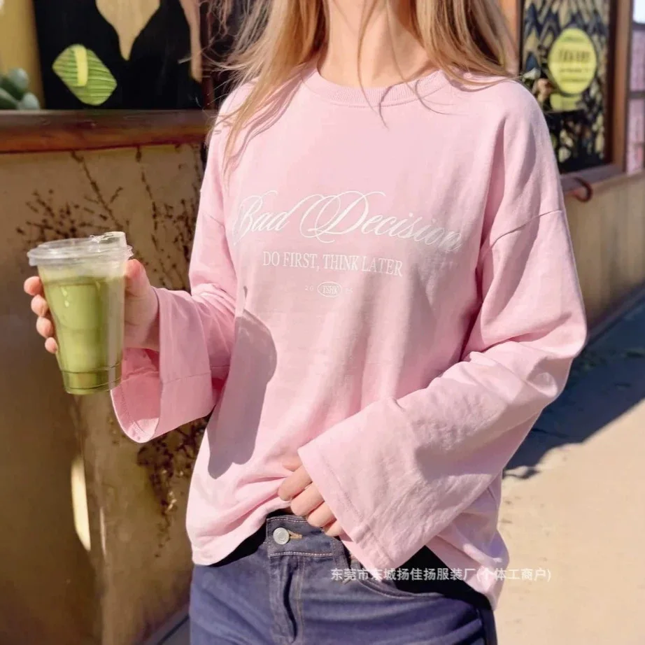 Sweet Y2K Women 100% Cotton Long Sleeve T Shirt Bad Decision Do First Think Later Print Round Neck Loose Casual Streetwear Tees