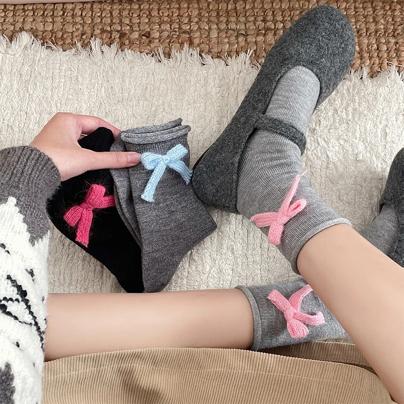 Simple Lovely Cozy Yarn Bow Socks Autumn Winter Hosiery Thickened Plush Warm Sleep Home Fluffy Socks