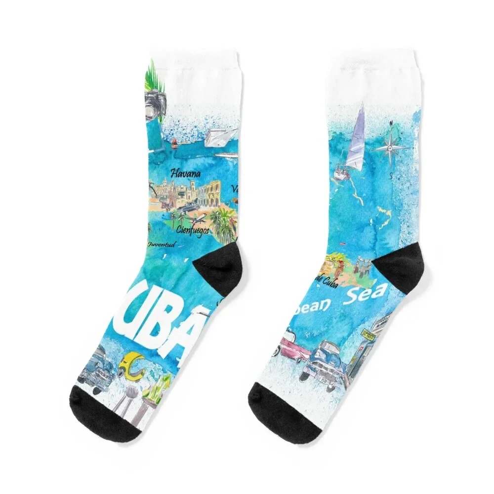 Cuba Antilles Illustrated Travel Map with Roads and Highlights Socks christmass gift men cotton high quality Socks Girl Men's