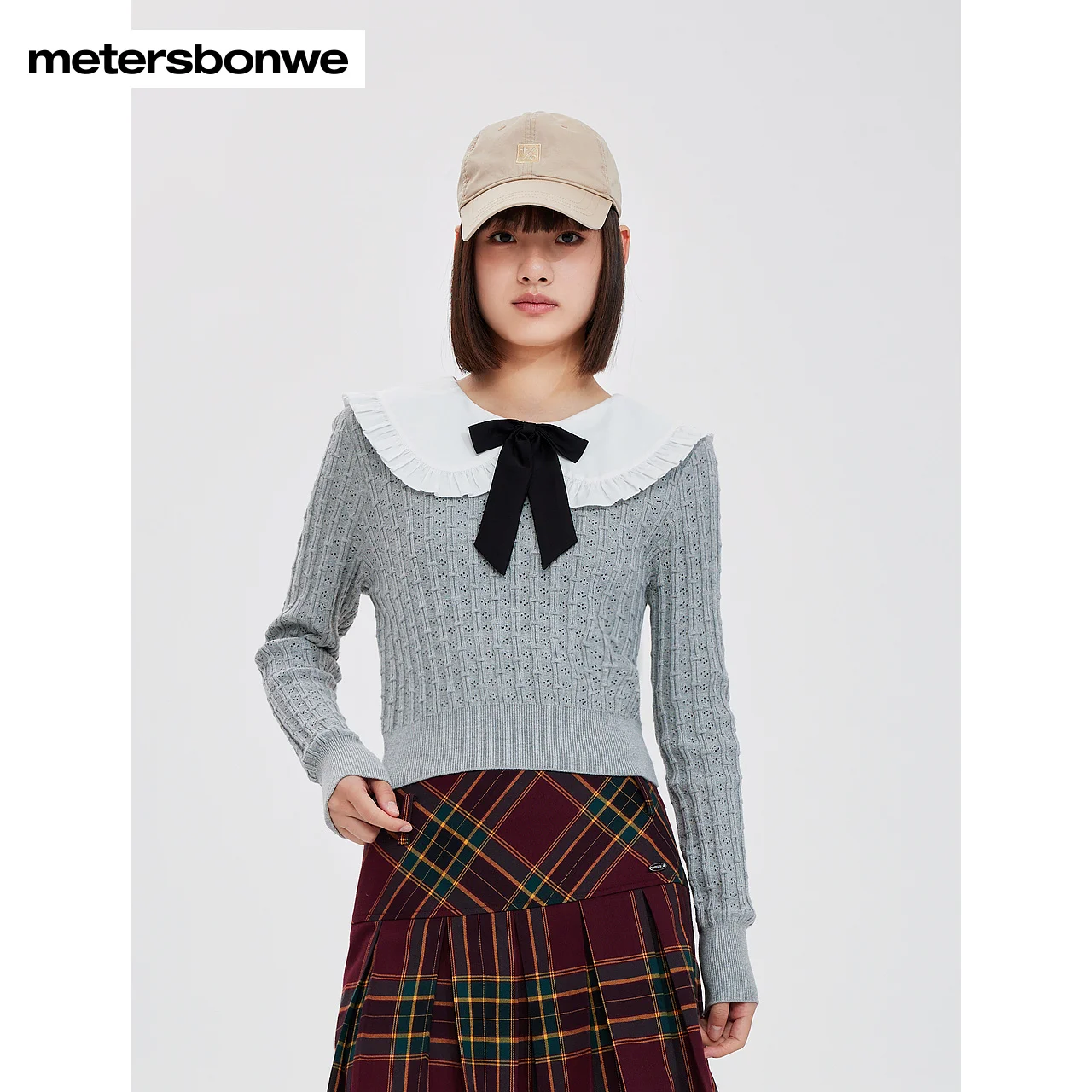 

Metersbonwe-Women's 100%Cotton Doll Collar Long Sleeve Sweater Jumper Solid Color Slim Pullover Sweet Girl Student Autumn