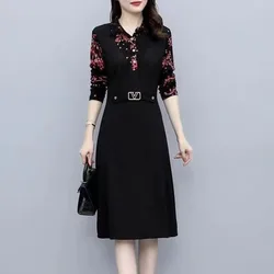 2024 Women's Spring New Pullover Lapel Spliced Fake Two Piece Button Pocket Printing Mid Length Waist Slim Long Sleeve Dress