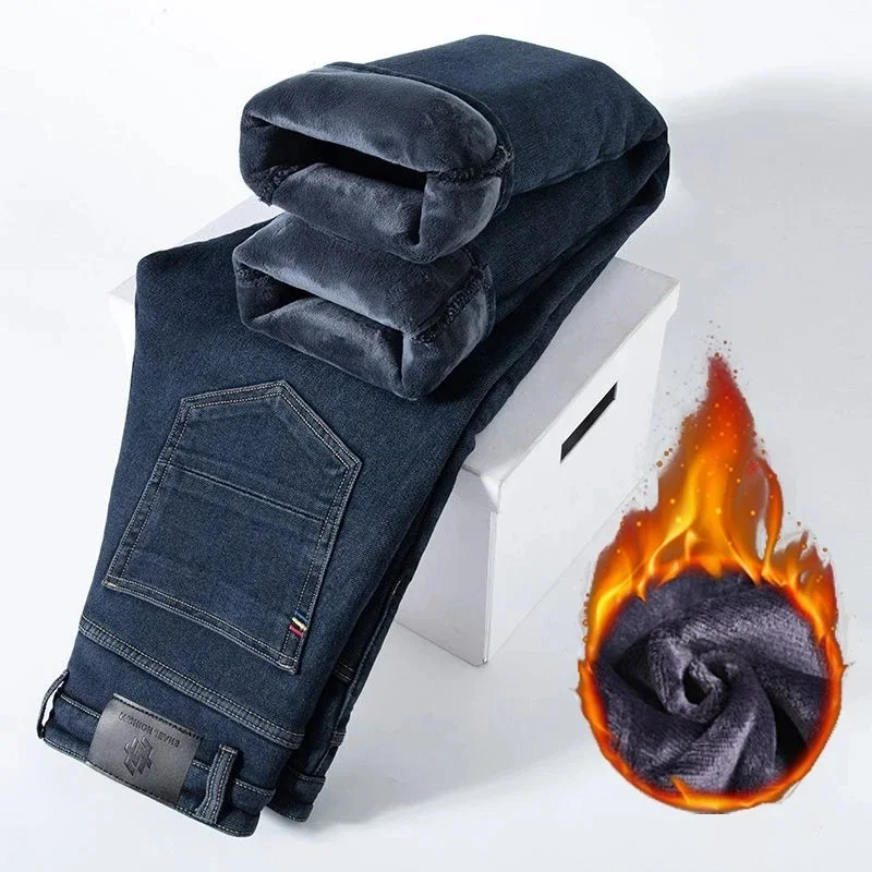 

Versatile Casual Slim Fit Trousers Men Warm Autumn Winter Fleece Lined Thickened Jeans Male Fashion Loose Straight Denim Pants