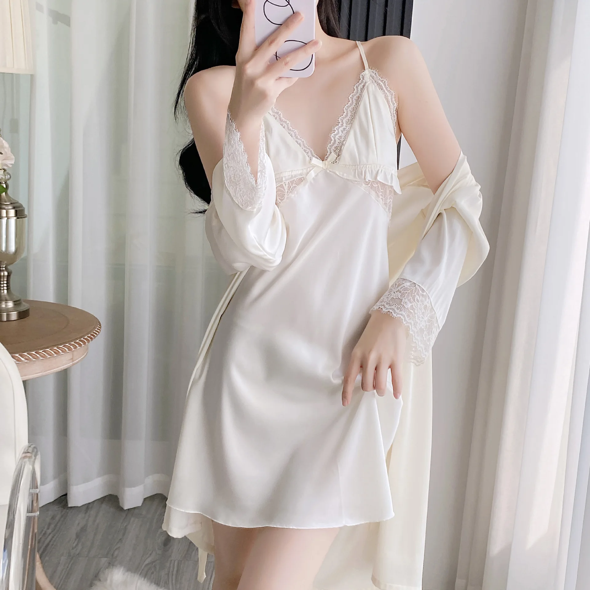 Twinset Lace Bathrobe Gown Suit Bridal Women Kimono Robe Set Nightgown Silky Satin Loungewear Sleepwear Casual Home Dress