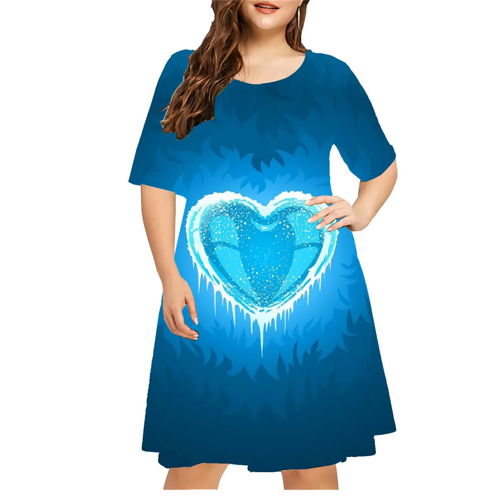 Robe d'été imprimée 3D de fleurs bleues pour femmes, grande taille, vêtements pour femmes, pull décontracté pour dames, mini robe à manches courtes, nouveau, 6XL