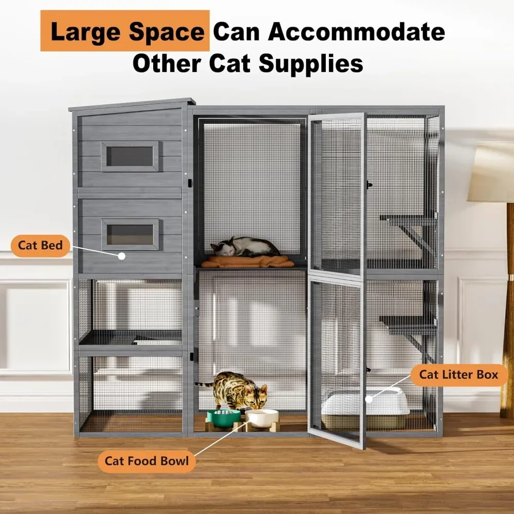 

Large Indoor Cattery, 4-level Outdoor Cattery with Weatherproof Roof, 3 Decks, Cattery Attached To Windows, 2 Large Doors