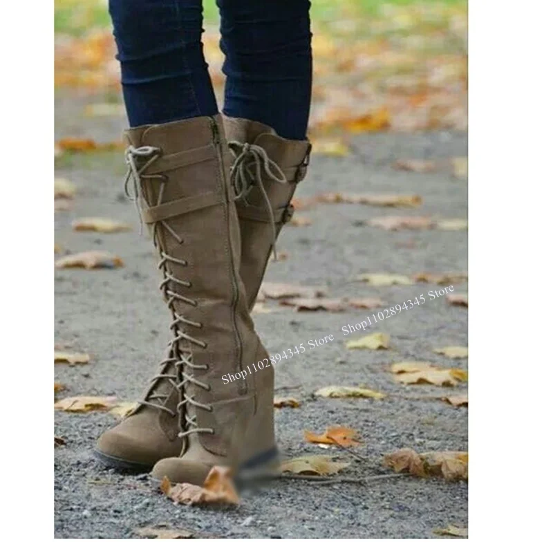 Brown Lace Up Wedge Boots Knee High Round Toe Fashionable Sexy Cool Summer Casual Big Size Woman Shoes Zapatillas Mujer