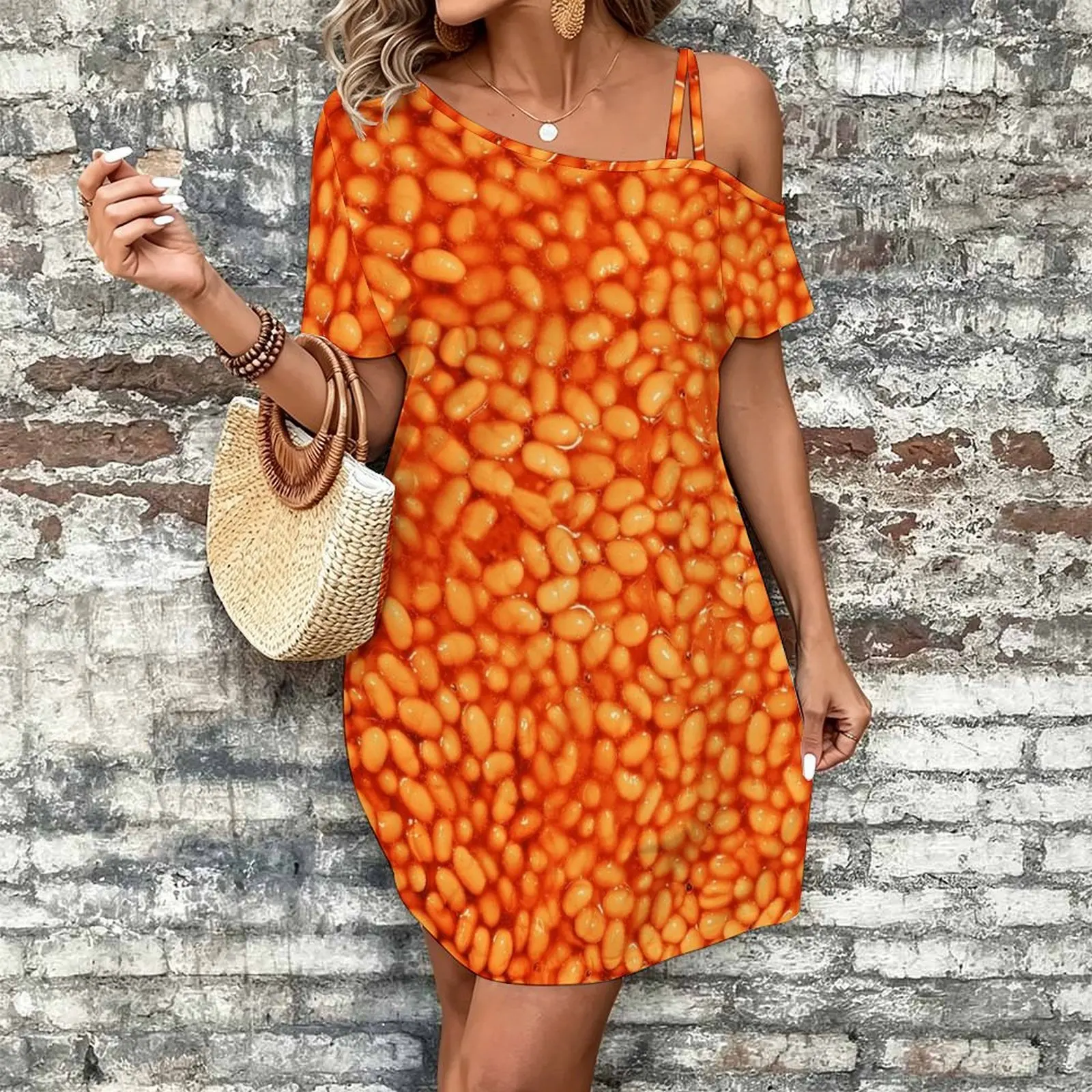 Baked Beans In Things Pattern Women's Slanted Shoulder Single Strap Short-Sleeved Dress