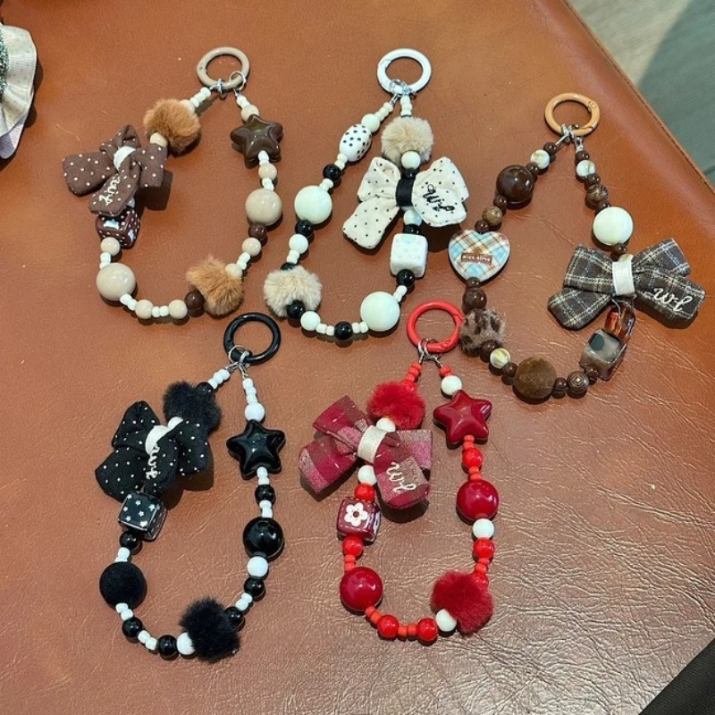 Korean INS Fall and Winter Phone Chain Bow Star Bead Retro Checkered Polka Dots Phone Lanyard Universal Phone Case Decoration