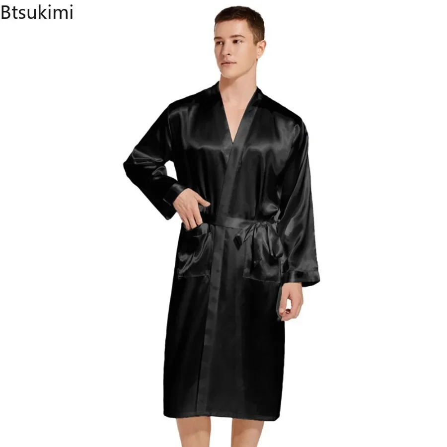 New 2025 Men\'s Long Robes Faux Silk Soft Home Bathrobe Plus Size Nightgown for Men Solid Loose Homewear Men Satin Pajamas Dress