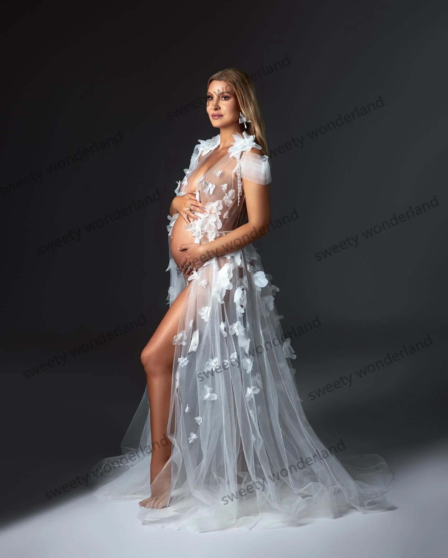 White Prom Dresses Women Tulle Maternity Photoshoot Dress with Floral Appliques Party Robes Baby Shower Gowns