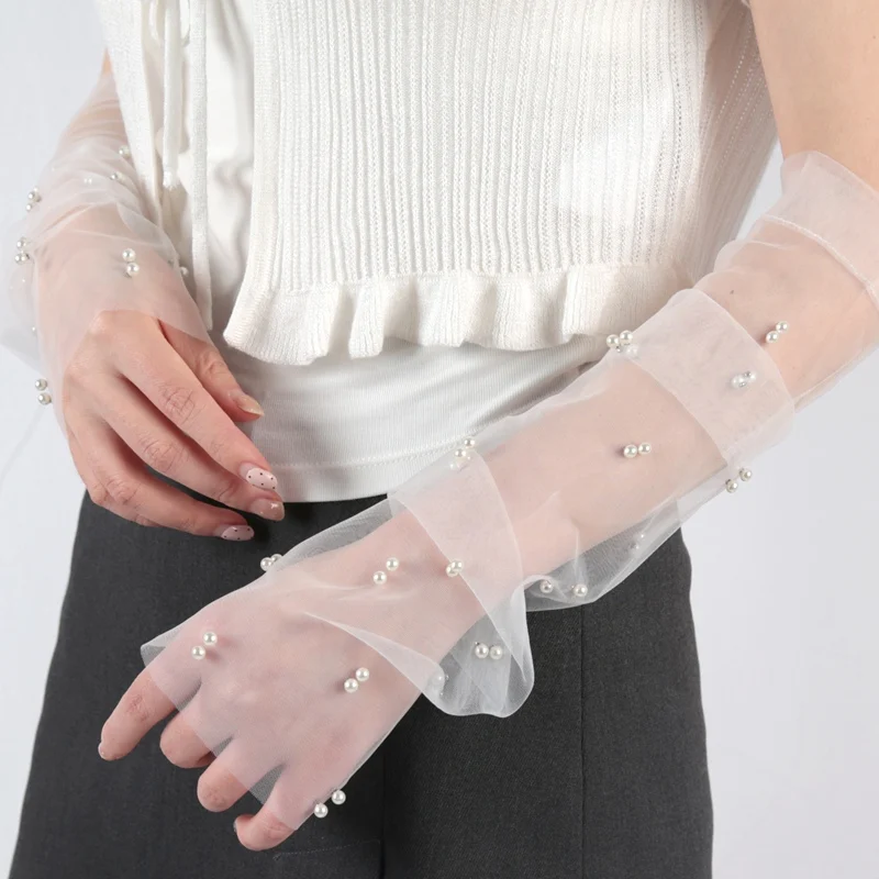 46cm Wedding Gloves Pearls Long Mittens Mesh Arm Covers Women Party Bridal Bridesmaid Sleevelet Prom Handschuh Dress Accessories