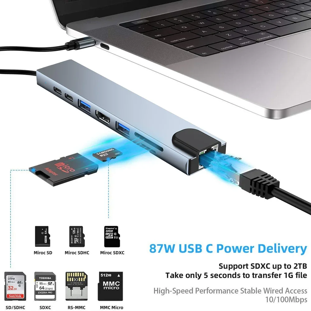 8 in 1 USB C Hub Type-C to Multiports 4K HDMI RJ45 PD Charge SD/TF Card Reader Type C To USB Adapter Dock For MacBook Air Pro PC