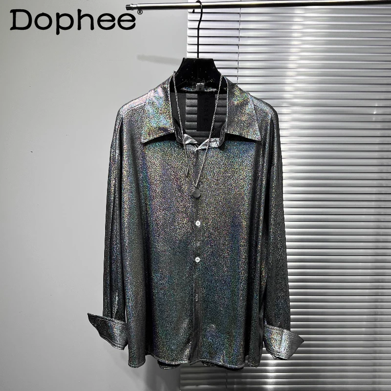 

Trendy Personality Shiny Sequin Stylish Shirts Men 2025 Autumn New Fashion Shirts Male Long Sleeve Solid Color Lapel Chic Tops
