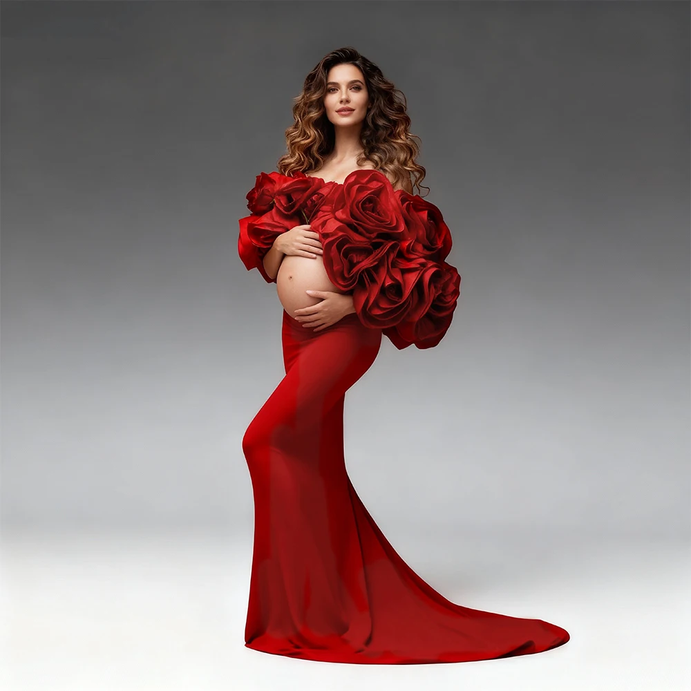 

Red Maternity Clothing Flowers Cape with Skirt 2 Piece Set Pregnant Gowns Baby Shower Dress for Pregnant Women for Photo Shoot