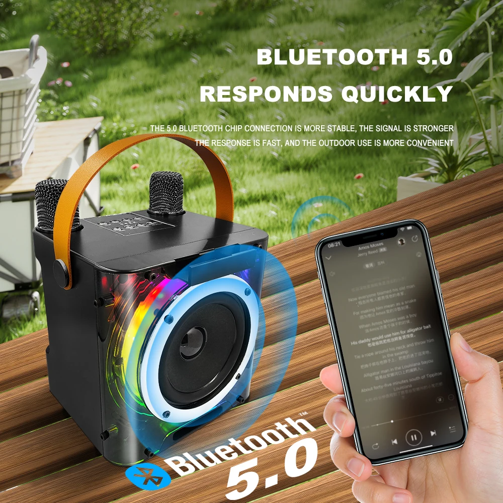 Máquina de Karaoke de Alta Potencia, Mini Altavoz Bluetooth y Juego de Micrófono, Efectos de Iluminación RGB, Subwoofer Estéreo, con Soporte para Teléfono