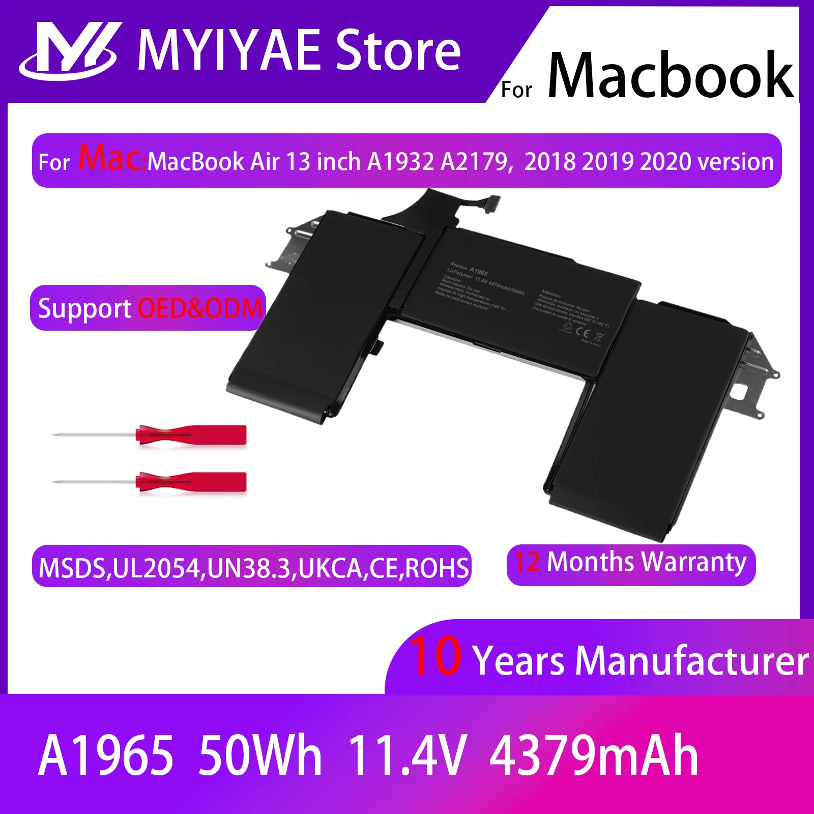 

Laptop Replacement Battery A1965 A2179 A1932 For MacBook Air 13 inch A1932 (2018-2019 Version) A2179 EMC3184 EMC3302 MRE82LL/A