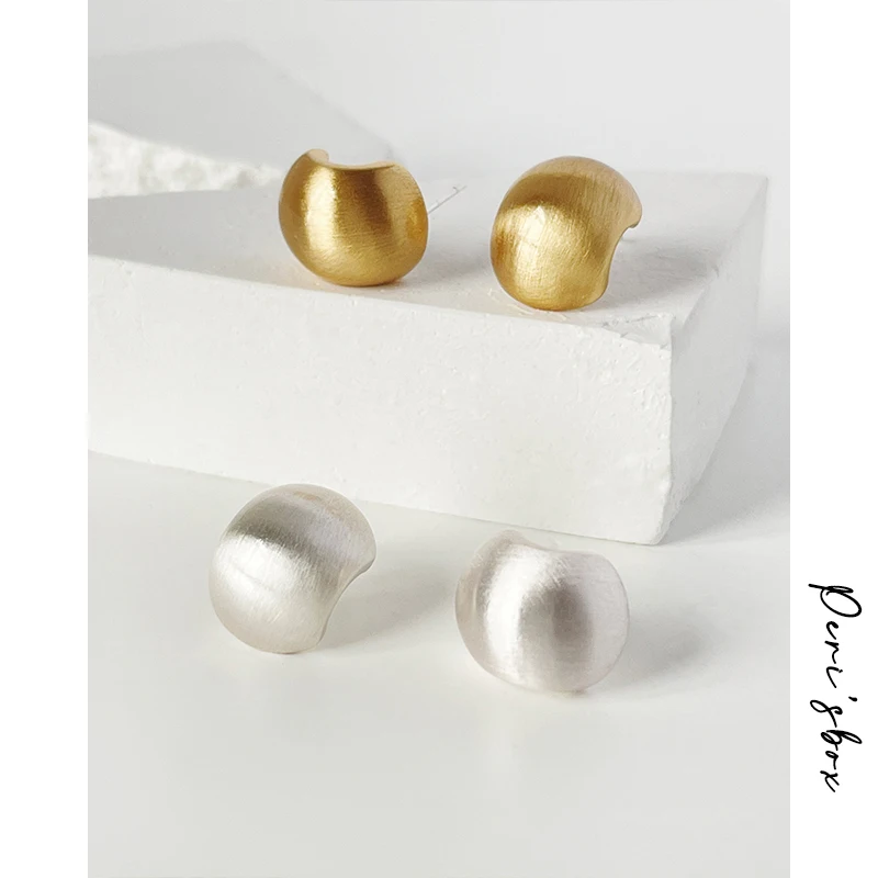 Peri'sBox Vintage French Simple Brushed C Shaped Stud Earrings Daily Gold/Silver Color Brass Stud Earring Women Jewellery