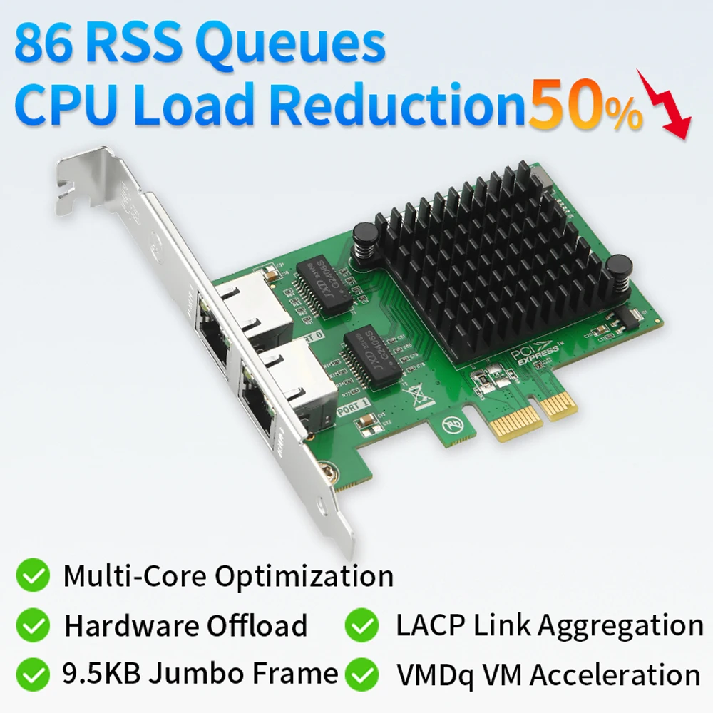 Intel I350-T2 Chip 2 Ports PCIe x1 Gigabit Ethernet Network Card Dual RJ45 Server Internal NIC 10/100/1000Mbps for Desktop PC