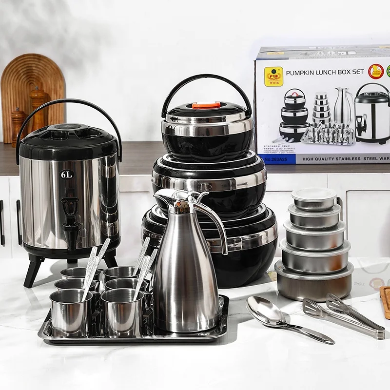 25 Piece Stainless Steel Pot Sets Modern Cookware Sets Kitchenware Thermal Food Warmer Pot With Tableware Flasks Vacuum