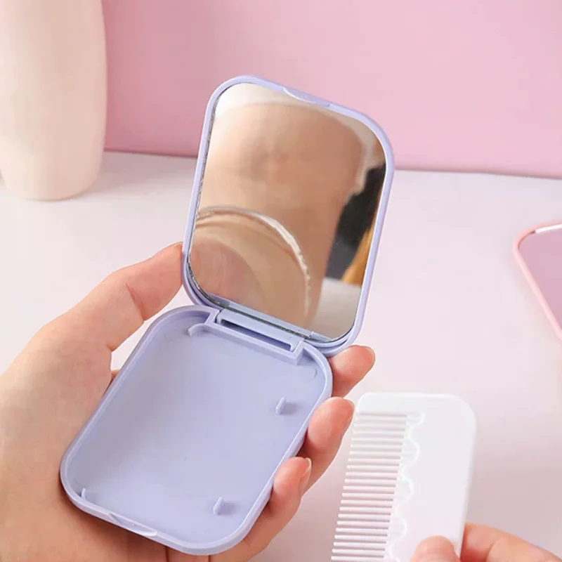 Small Mirror Comb Set Solid Color Fashion Portable Folding Makeup Mirror With Comb For Girl Gift Makeup Tools Vanity Miror