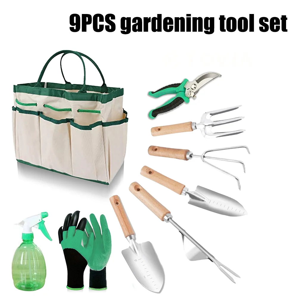 

9PCS solid wood handle gardening tool set with storage bag, suitable for gardening/transplanting/potted plants/beach, etc.