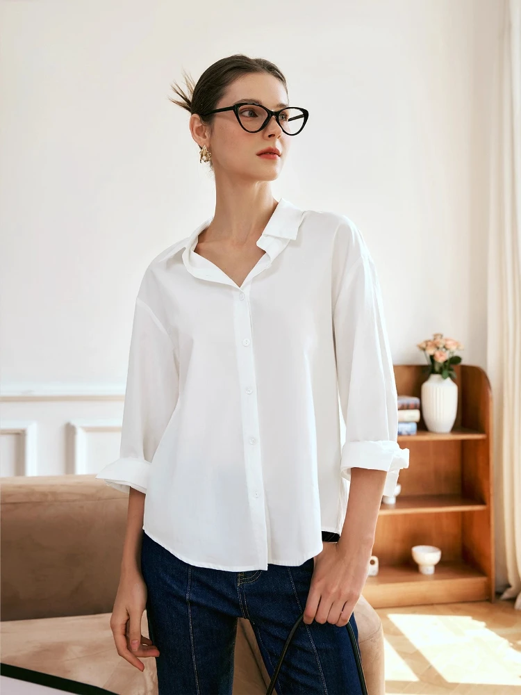 

OLrain Women's White Long Sleeve Shirt 2025 Autumn New Arrival Loose-fit Turn-down Collar Dropped Shoulders Shirt O57QC83600