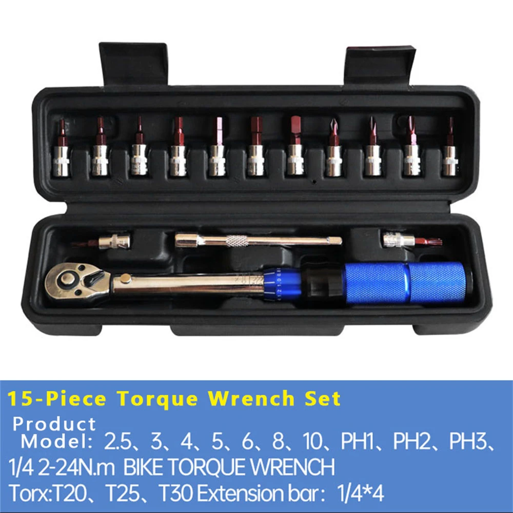 

1/4'' 2-24nm Adjustable Torque Wrench Set 15pcs Bike Allen Key Tool Socket Spanner Bicycle Repair Kit Torx Wrench Hand Tools Set