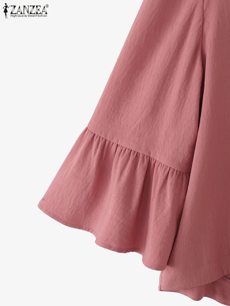 ZANZEA Fashion Autumn Women Tops V-Neck 3/4 Flare Sleeve Solid Color Blouses Shirts 2025 Casual Loose Ruffled Oversized Blusas
