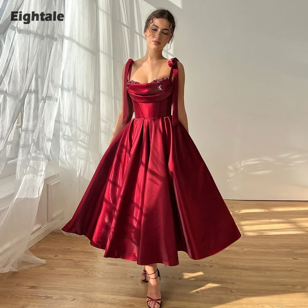 

Eightale Arabic Evening Dresses Sweetheart Beaded A-Line Tea Length Customized Prom Party Princess Gowns for Wedding