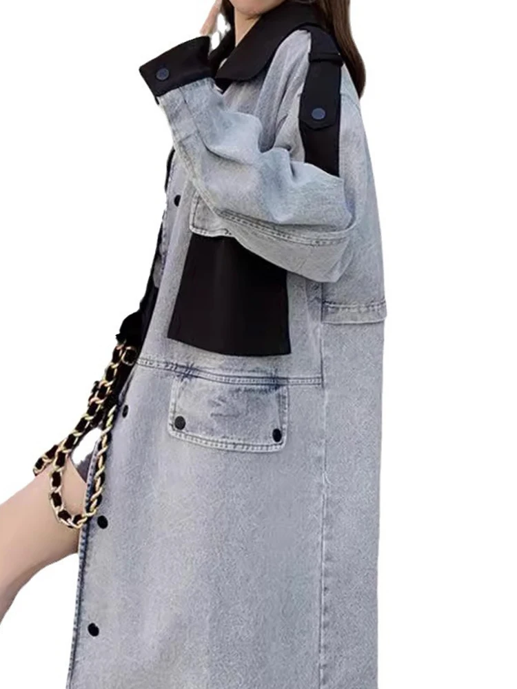 GVUW Denim Trench Coat Women Color Block Single Breasted Full Sleeve Lapel Medium Long Pockets New 2024 Fashion Tops 17G3008