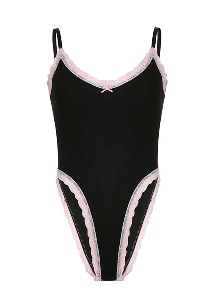 CHQCDarlys-bodysuit feminino de spaghetti strap, guarnição do laço, tops de collant sem mangas, lingerie fina, Y2K