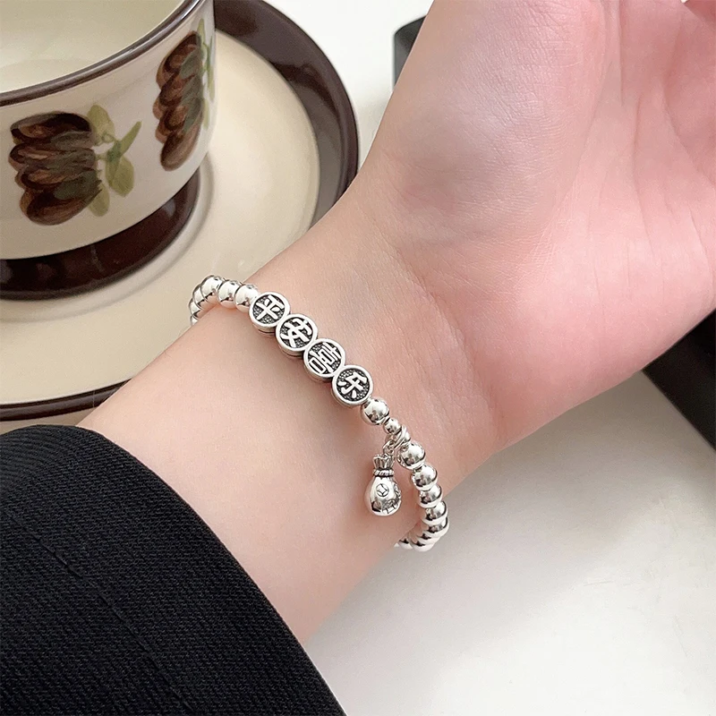 S925 Sterling Silver Ping An Joyful Bracelet for Female Minority Light Luxury Fashion Retro Ins Style Design Feel Handicraft