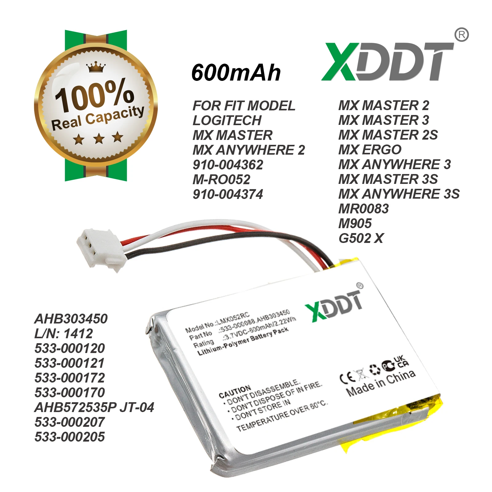 Replacement Mouse Battery For Logitech MX Master 2 3 2s MX Anywhere 2 2S MX ERGO M-RO052 910-004374 533-000120 533-000121 600mAh