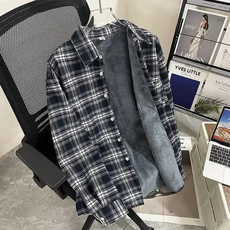 Men's Long Sleeve Fleece-lined Plaid Shirt American Style Vintage Casual Trendy Loose-fit Jacket For Autumn Winter