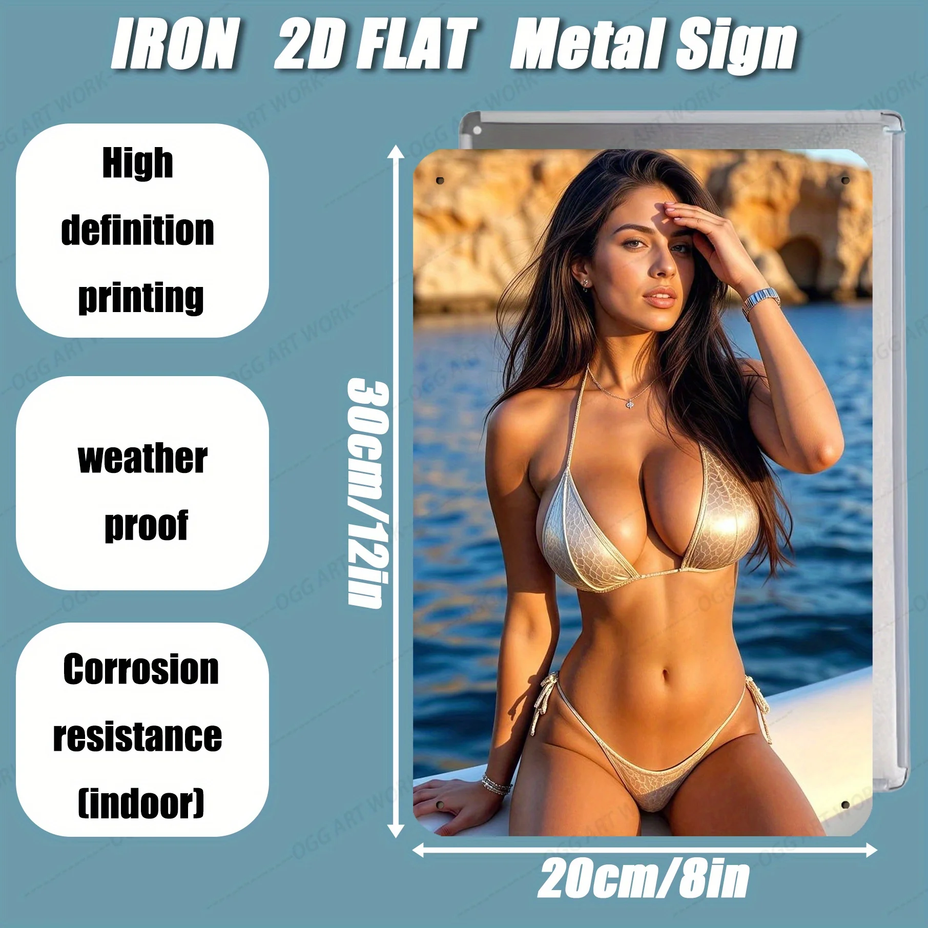 Vintage 2D Iron Wall Art, 8x12 Inch Gold Bikini Girl Beach Sign for Home Bar Cafe Decor, Easy Install