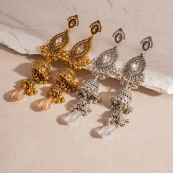 Retro Ethnic Turkish Jhumka Earrings for Women Imitation Pearl Crystal Tassel Earrings Classic Bell Earrings Indian Jewelry