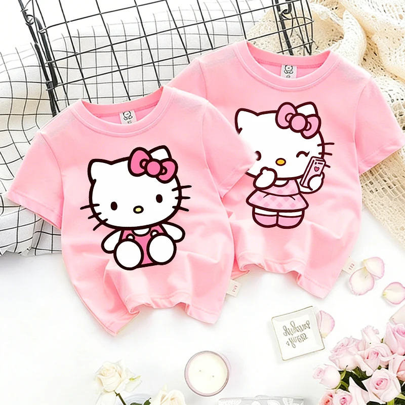 

Cute Kitty Pink T-shirt Kids Cotton Sanrio Anime Clothes Girl's Toddler Kawaii Streetwear Tees Casual Childern Short Sleeve Tops