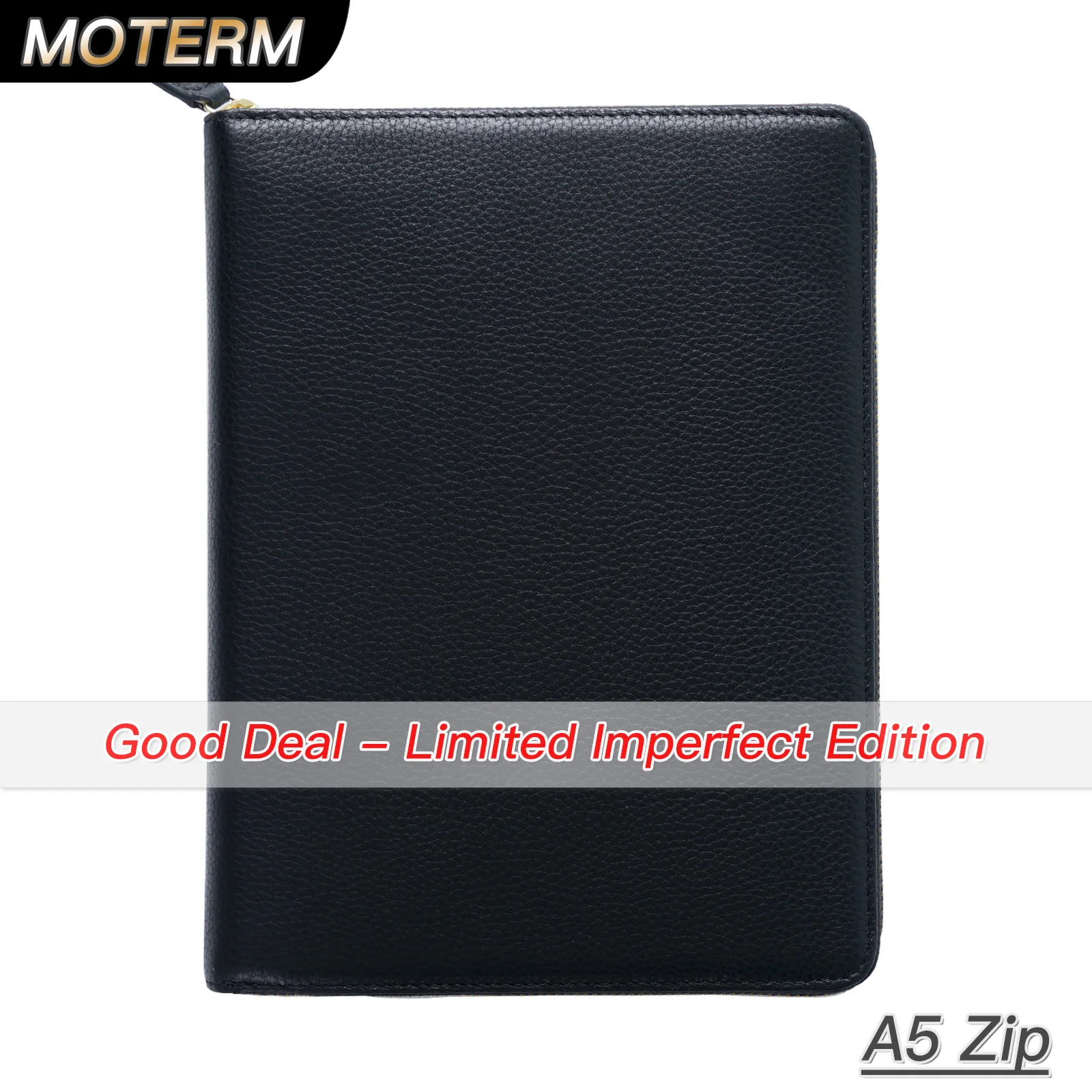 Limited Imperfect Moterm Genuine Pebbled Grain Leather A5 Zip Cover with Top Pocket Cowhide Planner Zipper Notebook Organizer