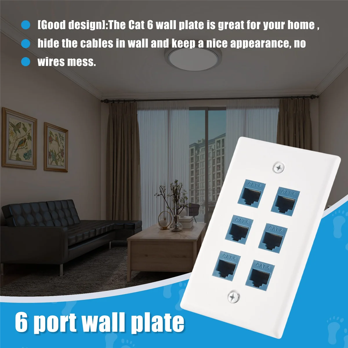 Cat 6 Ethernet Wall Plate 6 Port,Ethernet Wall Plate Female-Female Removable Compatible with Cat7/6/6E/5/5E