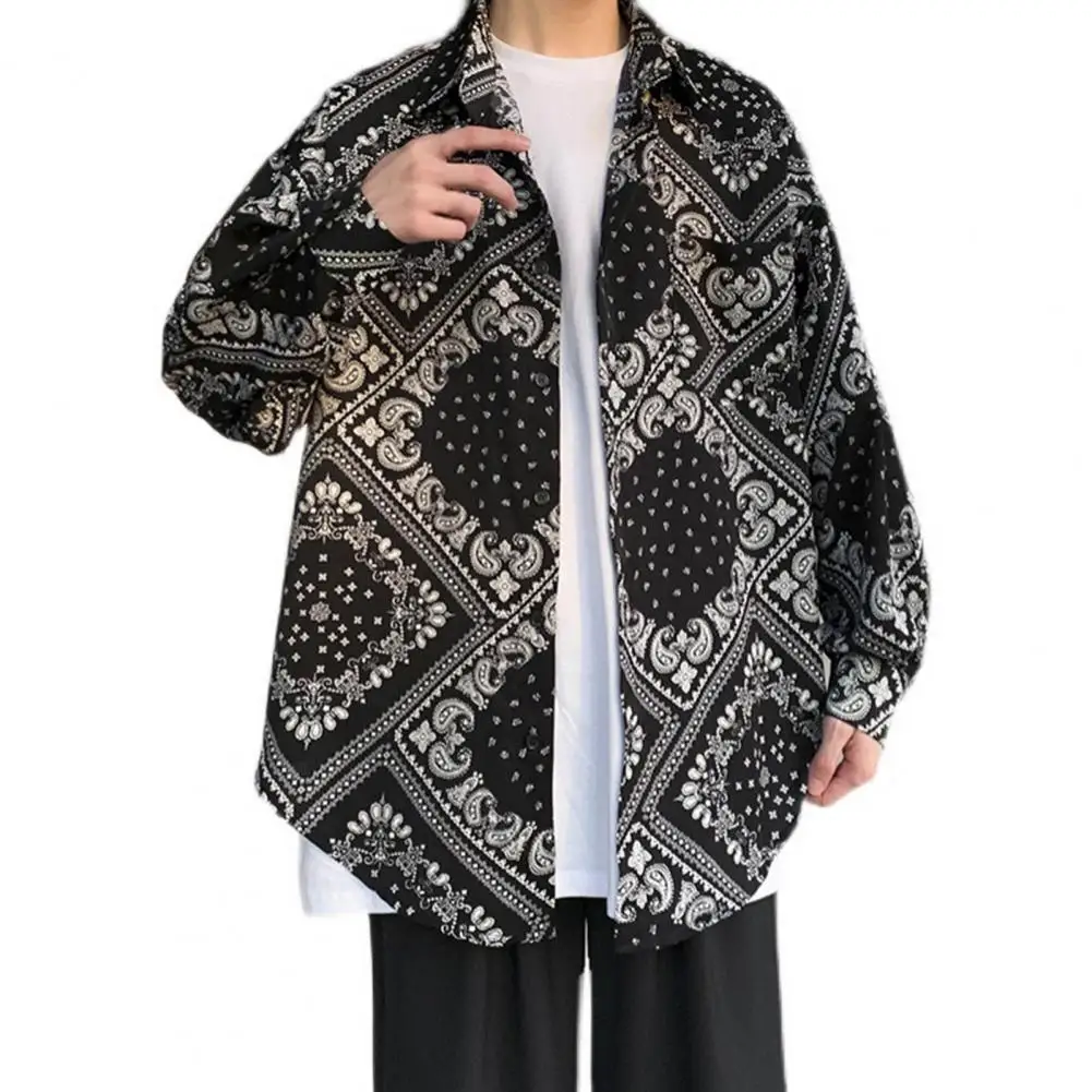 

Black Bandana Shirt Men Hiphop Vintage Long Sleeves Shirts Button Lapel Casual Soft Geometric Print Loose Oversized Men Tops