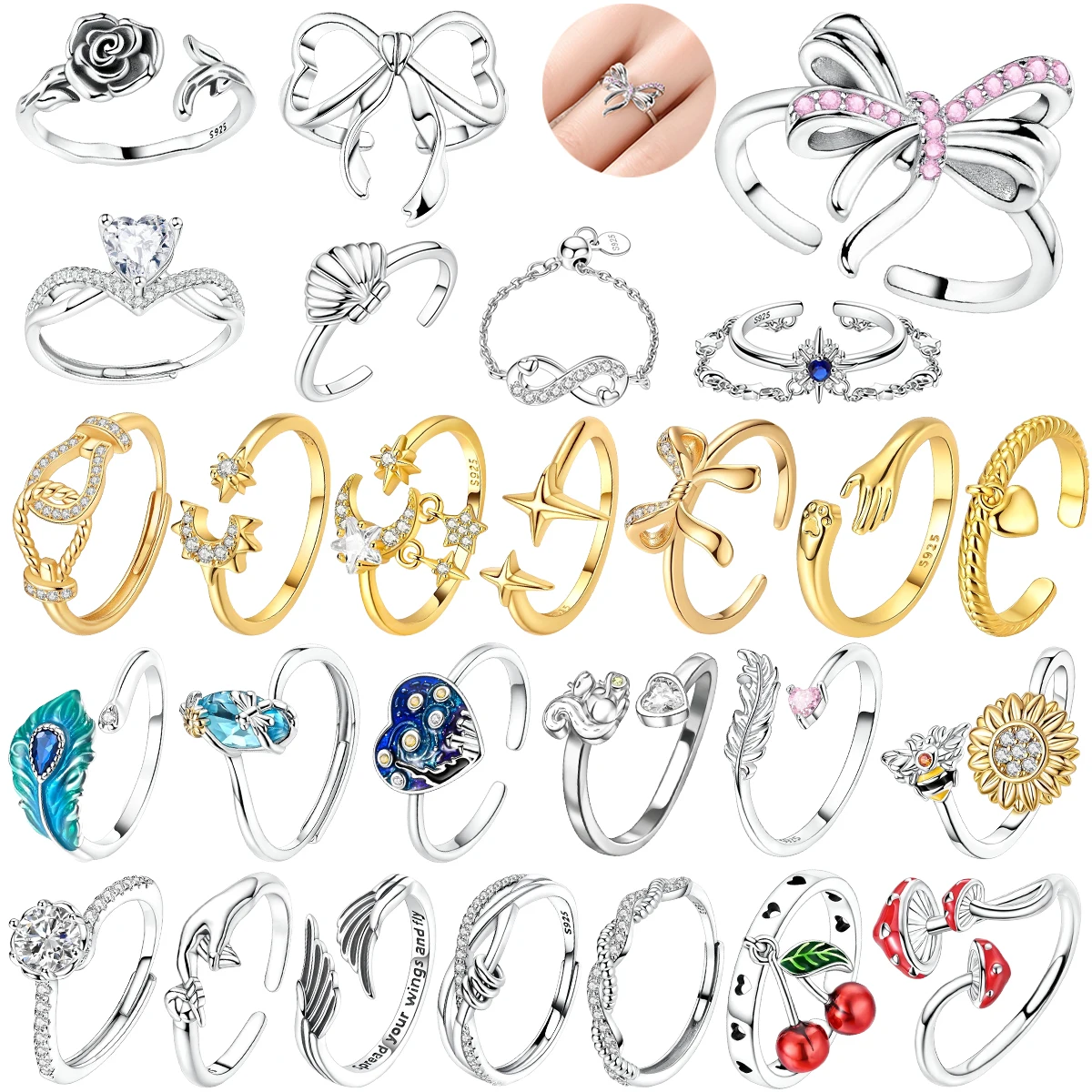 

925 Sterling Silver Adjustable Rings Sparkling Pink Bow Star and Moon Butterfly Charms Diamond Fit Women Valentine's Day Gifts