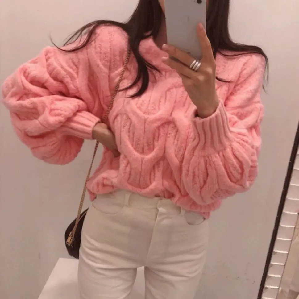 Fashion Stand Collar Knitted Loose Lantern Sleeve Sweaters Female Clothing 2023 Winter Oversized Solid Color Casual Warm Tops