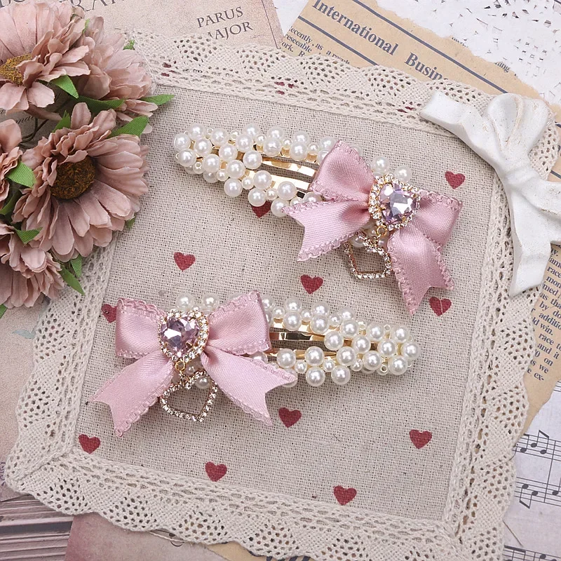 Hair Accessories for Girl Japanese Style Sweet and Cute Women\'s Headwear Pearl Bow Rhinestone Hairclips Side Clip