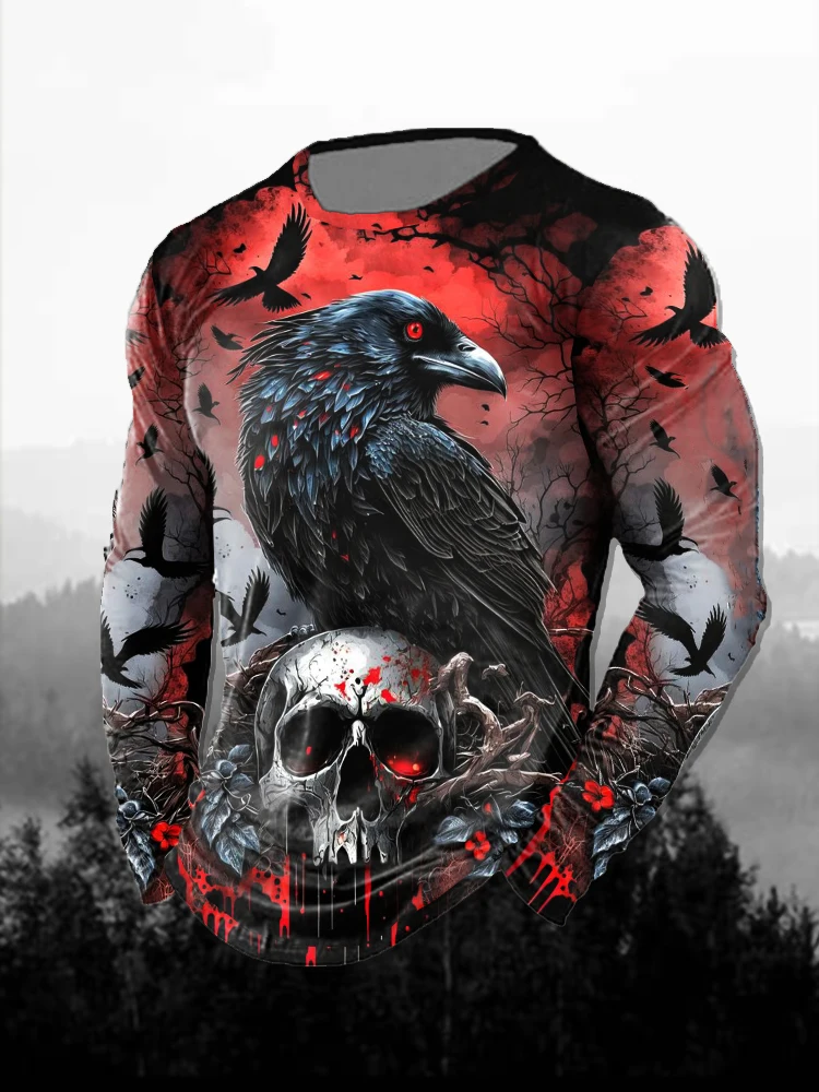 Mens Long Sleeve T- Shirt  Dark Gothic Style With Distinct Vintage Print -Halloween Design Trend-Setting Tee for Stylish Men