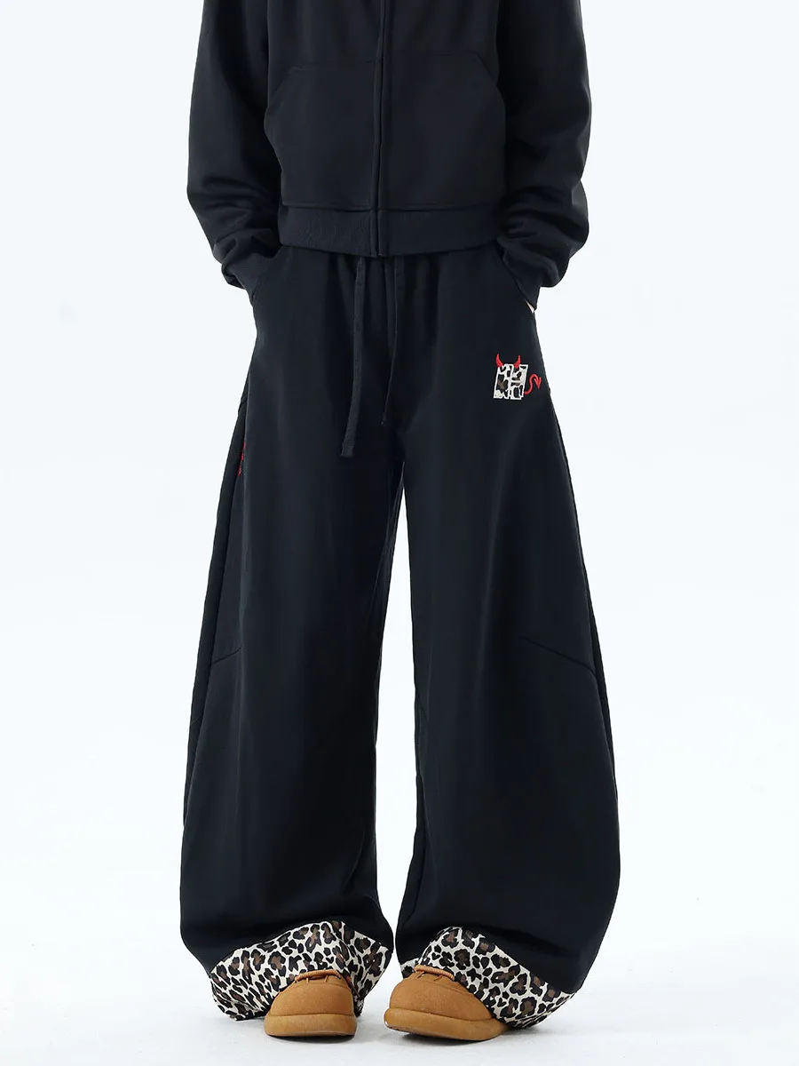 Women Black Gothic Baggy Y2k Emo Pants Harajuku Streetwear Leopard Patchwork Pants Japanese 2000s Style Vintage Trousers Clothes