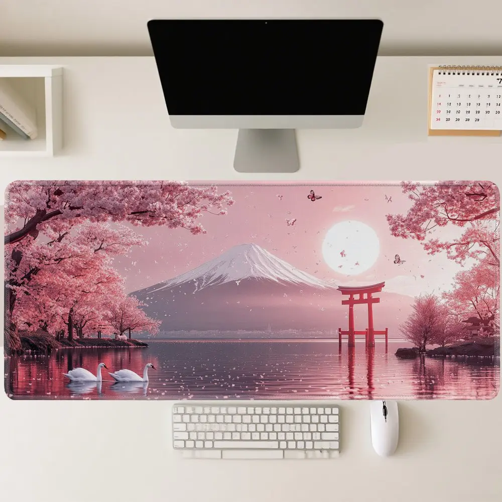 Gaming Mouse Pad, Large Desk Mat, Anti-slip,Stitched Edges,Mount Fuji & Cherry Blossom Print, Keyboard Pad for Gaming & Home Use
