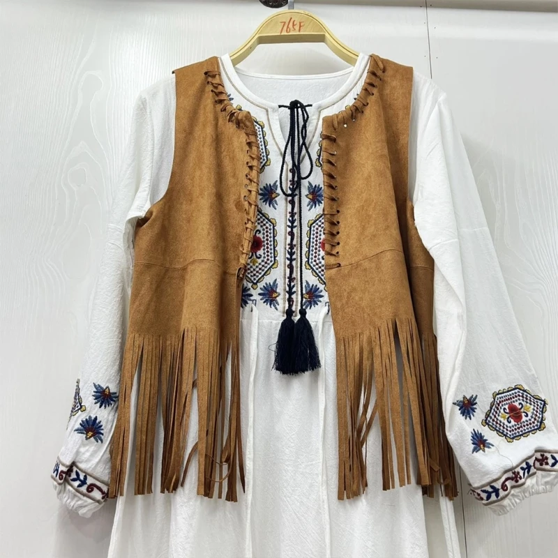 Women Tassels Vest 70s Hippie Faux Suedes Sleeveless Fringe Jackets Outwear Summer Hollow Open Front Cardigan Streetwear