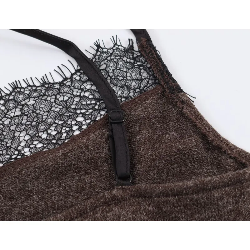 Camiseta sin mangas de encaje para mujer, camisola Sexy de punto con espalda descubierta y tirantes finos con cuello recto y espalda descubierta para primavera y verano, Tops elegantes para mujer