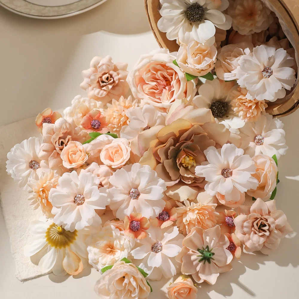 50/20 Stück Champagnerfarbene künstliche Blumenköpfe für Hochzeitsdekoration, Heimdekoration, künstliche Blumen, DIY-Bastelzubehör, Geschenkzubehör