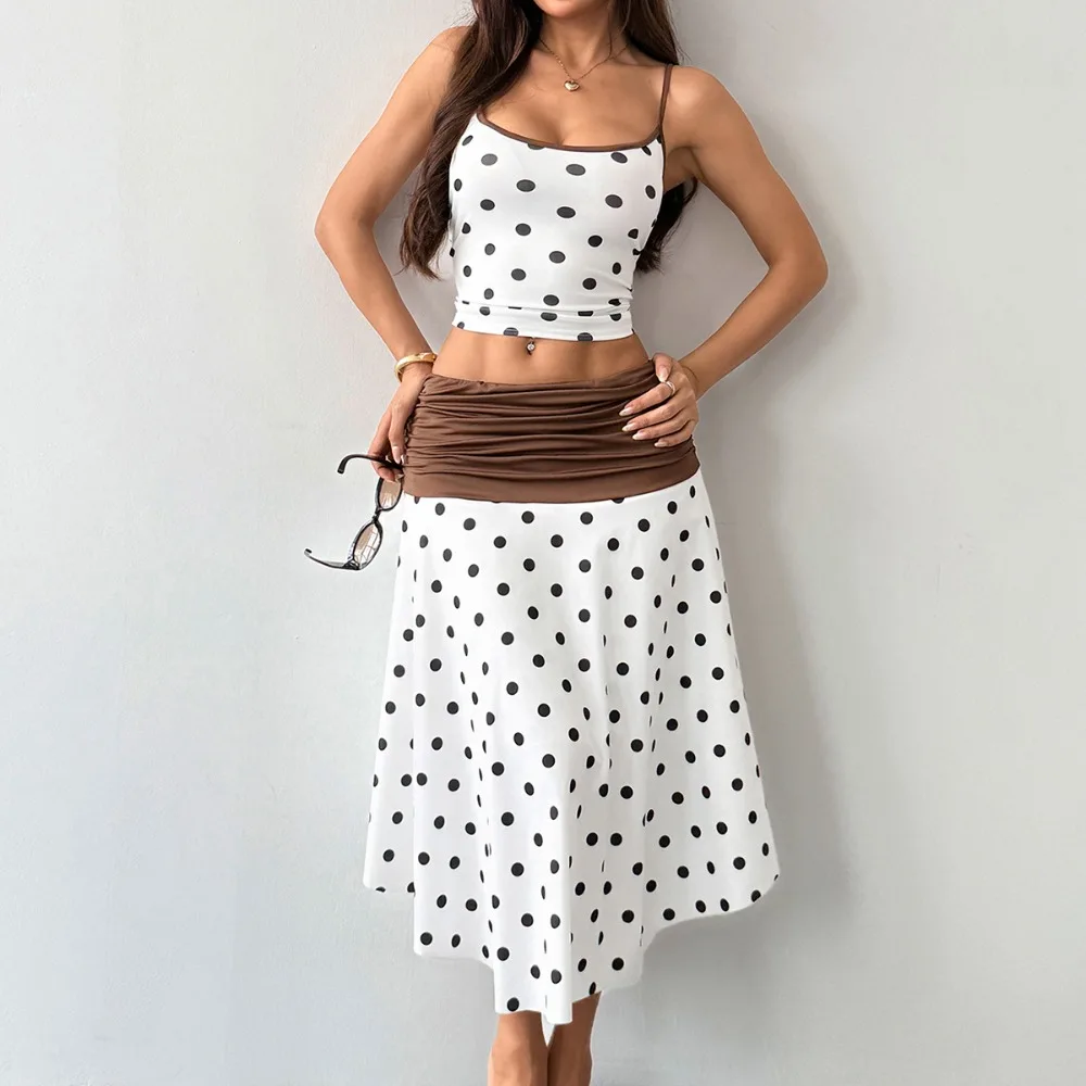 

New Beach Party 2-Piece Set Women Low-Neck Skinny Camisole+Folds Skirts Patchwork Polka Dot Print Vacation Summer Trend Suits